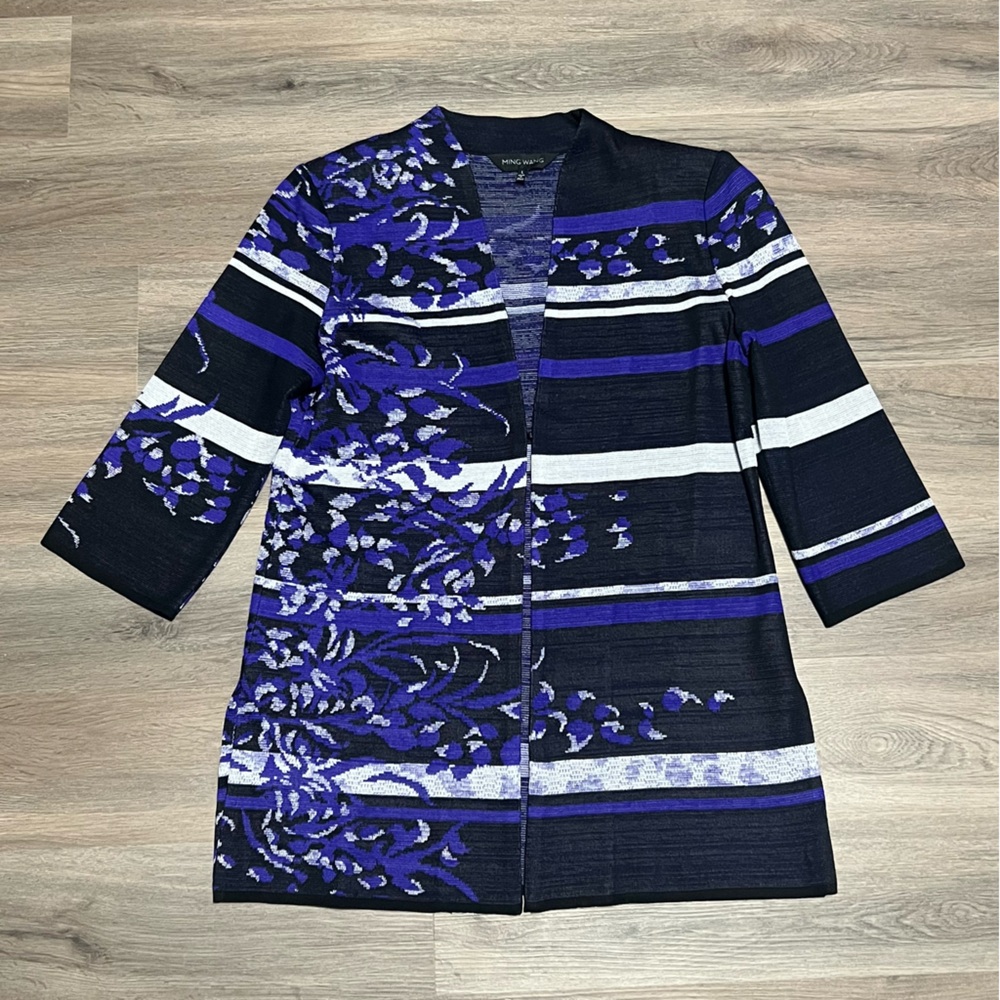 Ming Wang Large Jacket Cardigan Black Purple Striped Floral Acrylic Blend Knit